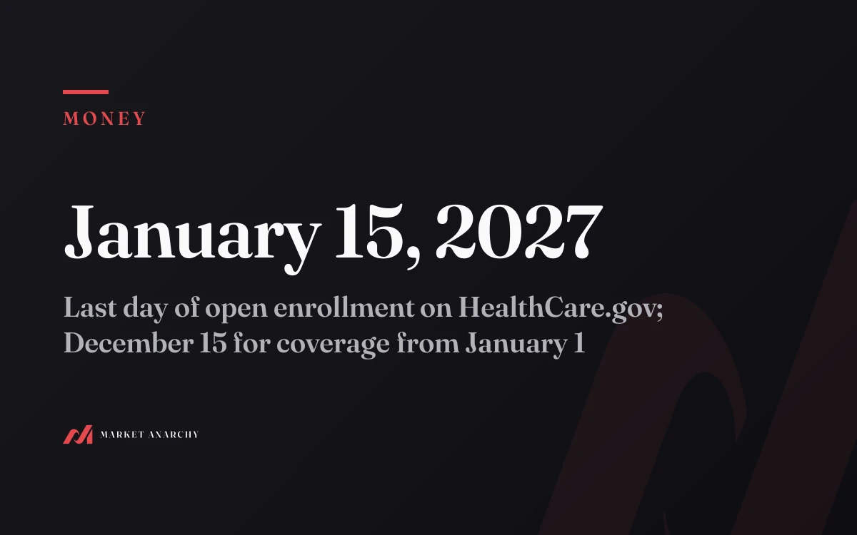 January 15, 2027: last day of open enrollment on HealthCare.gov; December 15 for coverage from January 1